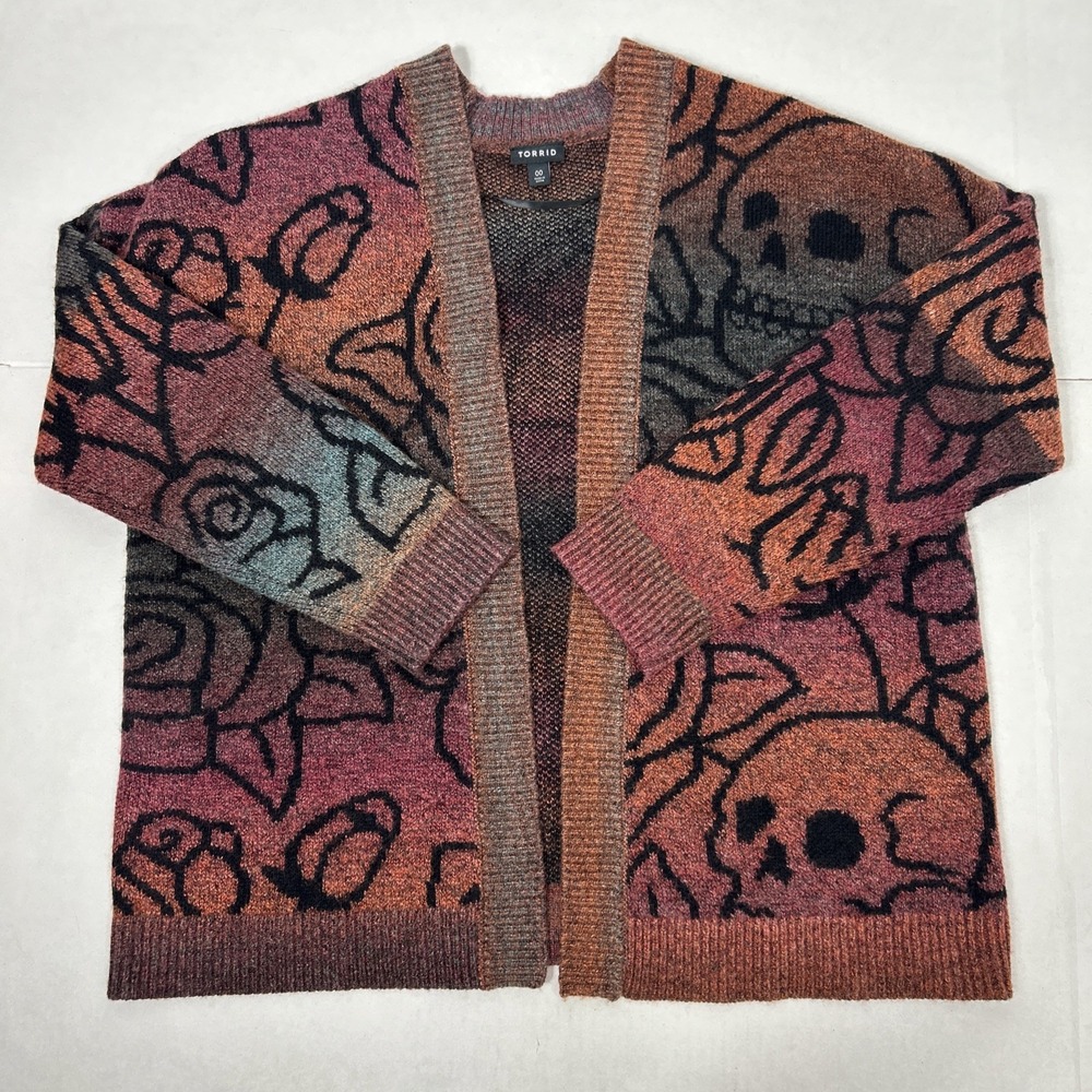 Torrid Space Dye Oversize Open Front Skull Cardigan & Roses Size 00 Whimsy Goth